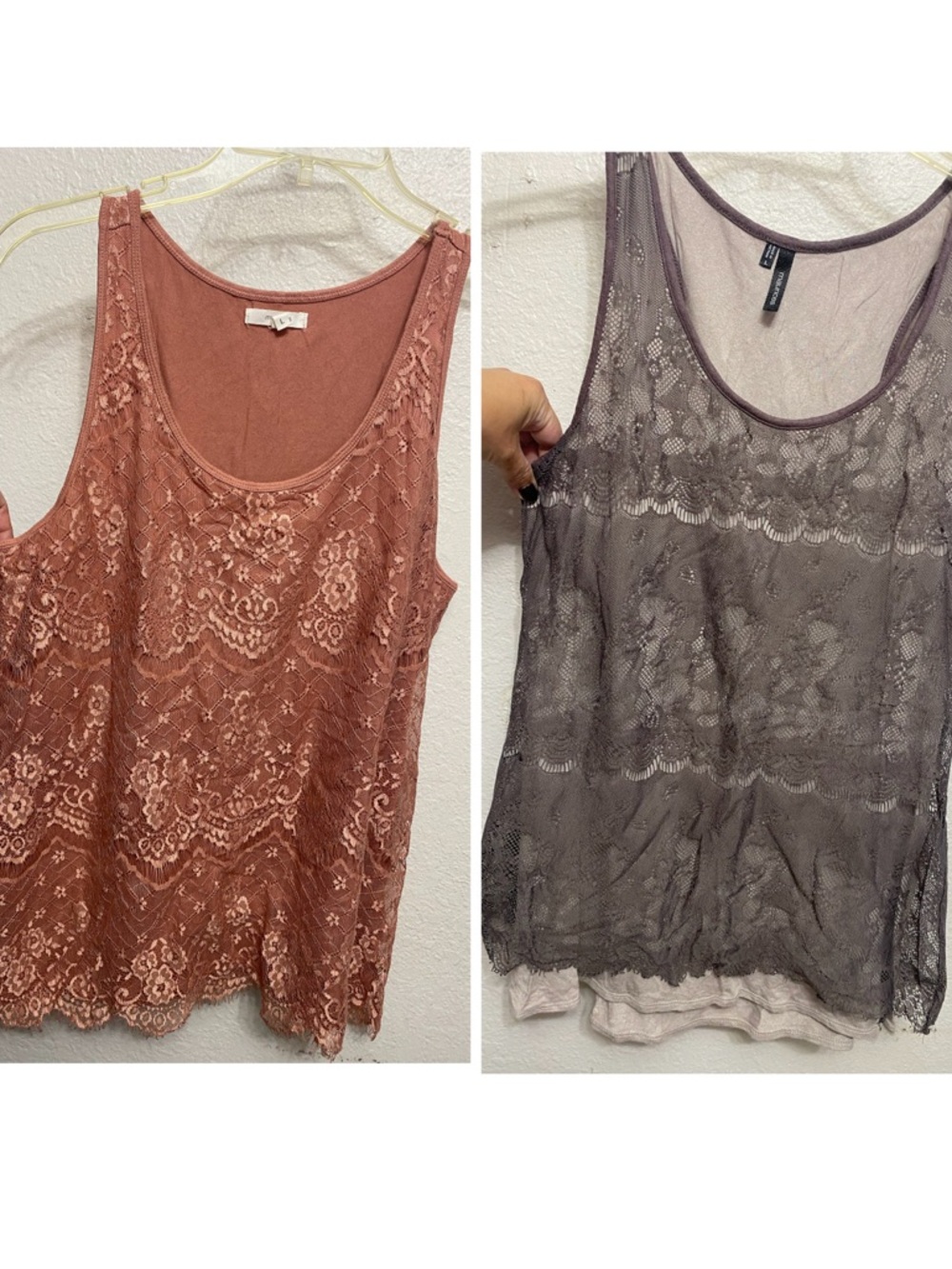 Maurices Pink & Gray Floral Lace Overlay Tank Tops L set of 2